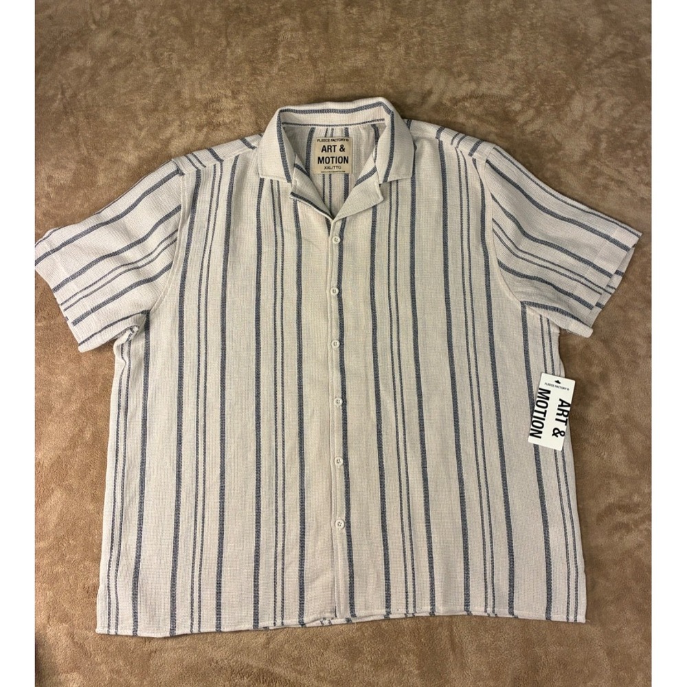 NWT Fleece Factory Art & Motion Men's Shirt ButtonUp Short Sleeve Cream Blue XXL